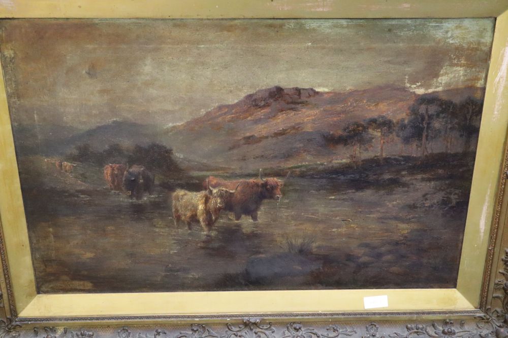 Ernest Walbourn (1872-1927), oil on canvas, Highland cattle watering, signed, 60 x 90cm